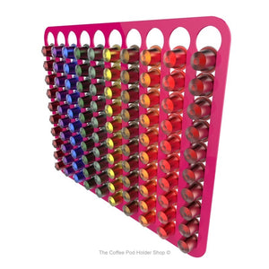 Pink, magnetic Nespresso original line coffee pod capsule holder with pre-installed neodymium magnets. Holds 100 pods in 10 rows.