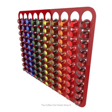 Red, magnetic Nespresso original line coffee pod capsule holder with pre-installed neodymium magnets. Holds 100 pods in 10 rows.