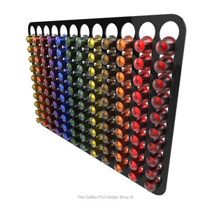 Black, magnetic Nespresso original line coffee pod capsule holder with pre-installed neodymium magnets. Holds 120 pods in 12 rows.