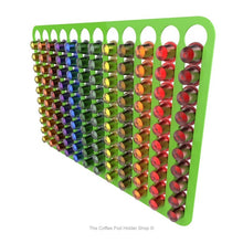 Lime, magnetic Nespresso original line coffee pod capsule holder with pre-installed neodymium magnets. Holds 120 pods in 12 rows.