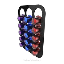 Black, magnetic Nespresso original line coffee pod capsule holder with pre-installed neodymium magnets. Holds 15 pods in 3 rows.