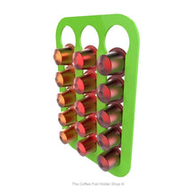 Lime, magnetic Nespresso original line coffee pod capsule holder with pre-installed neodymium magnets. Holds 15 pods in 3 rows.
