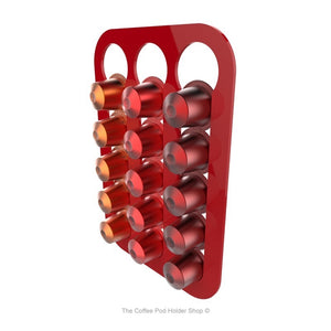 Red, magnetic Nespresso original line coffee pod capsule holder with pre-installed neodymium magnets. Holds 15 pods in 3 rows.