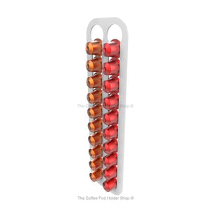 White, magnetic Nespresso original line coffee pod capsule holder with pre-installed neodymium magnets. Holds 20 pods in 2 rows.