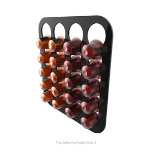 Black, magnetic Nespresso original line coffee pod capsule holder with pre-installed neodymium magnets. Holds 20 pods in 4 rows.