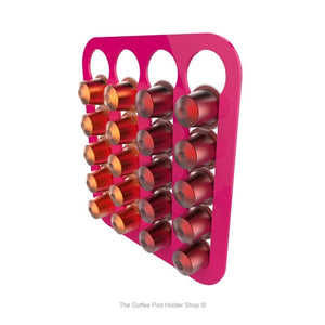 Pink, magnetic Nespresso original line coffee pod capsule holder with pre-installed neodymium magnets. Holds 20 pods in 4 rows.