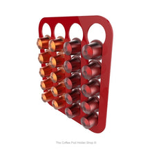 Red, magnetic Nespresso original line coffee pod capsule holder with pre-installed neodymium magnets. Holds 20 pods in 4 rows.