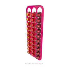 Pink, magnetic Nespresso original line coffee pod capsule holder with pre-installed neodymium magnets. Holds 30 pods in 3 rows.