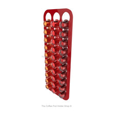 Red, magnetic Nespresso original line coffee pod capsule holder with pre-installed neodymium magnets. Holds 30 pods in 3 rows.