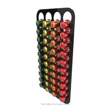 Black, magnetic Nespresso original line coffee pod capsule holder with pre-installed neodymium magnets. Holds 40 pods in 4 rows.