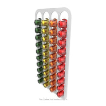 White, magnetic Nespresso original line coffee pod capsule holder with pre-installed neodymium magnets. Holds 40 pods in 4 rows.
