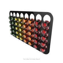 Black, magnetic Nespresso original line coffee pod capsule holder with pre-installed neodymium magnets. Holds 40 pods in 8 rows.