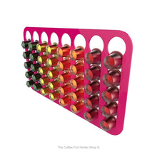 Pink, magnetic Nespresso original line coffee pod capsule holder with pre-installed neodymium magnets. Holds 40 pods in 8 rows.