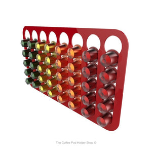 Red, magnetic Nespresso original line coffee pod capsule holder with pre-installed neodymium magnets. Holds 40 pods in 8 rows.