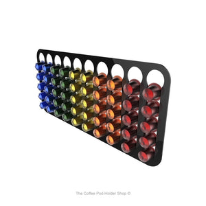 Black, magnetic Nespresso original line coffee pod capsule holder with pre-installed neodymium magnets. Holds 50 pods in 10 rows.