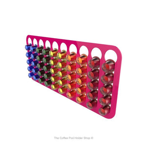 Pink, magnetic Nespresso original line coffee pod capsule holder with pre-installed neodymium magnets. Holds 50 pods in 10 rows.
