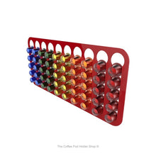 Red, magnetic Nespresso original line coffee pod capsule holder with pre-installed neodymium magnets. Holds 50 pods in 10 rows.