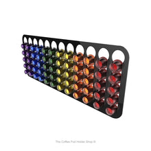 Black, magnetic Nespresso original line coffee pod capsule holder with pre-installed neodymium magnets. Holds 60 pods in 12 rows.