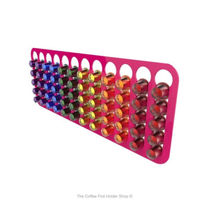 Pink, magnetic Nespresso original line coffee pod capsule holder with pre-installed neodymium magnets. Holds 60 pods in 12 rows.