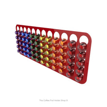 Red, magnetic Nespresso original line coffee pod capsule holder with pre-installed neodymium magnets. Holds 60 pods in 12 rows.