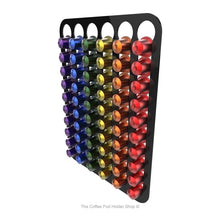 Black, magnetic Nespresso original line coffee pod capsule holder with pre-installed neodymium magnets. Holds 60 pods in 6 rows.