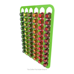 Lime, magnetic Nespresso original line coffee pod capsule holder with pre-installed neodymium magnets. Holds 60 pods in 6 rows.