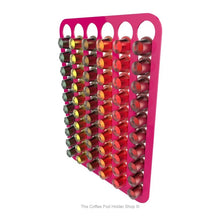Pink, magnetic Nespresso original line coffee pod capsule holder with pre-installed neodymium magnets. Holds 60 pods in 6 rows.