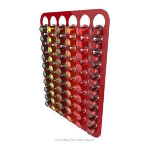 Red, magnetic Nespresso original line coffee pod capsule holder with pre-installed neodymium magnets. Holds 60 pods in 6 rows.