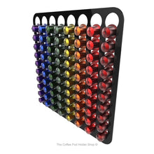 Black, magnetic Nespresso original line coffee pod capsule holder with pre-installed neodymium magnets. Holds 80 pods in 8 rows.
