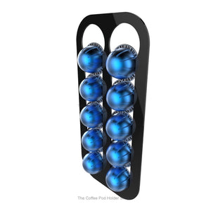 Black, magnetic Nespresso Vertuo line coffee pod capsule holder with pre-installed neodymium magnets. Holds 10 pods in 2 rows.