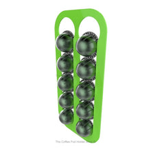 Lime, magnetic Nespresso Vertuo line coffee pod capsule holder with pre-installed neodymium magnets. Holds 10 pods in 2 rows.