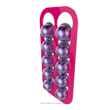 Pink, magnetic Nespresso Vertuo line coffee pod capsule holder with pre-installed neodymium magnets. Holds 10 pods in 2 rows.