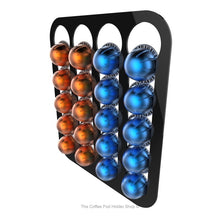 Black, magnetic Nespresso Vertuo line coffee pod capsule holder with pre-installed neodymium magnets. Holds 20 pods in 4 rows.