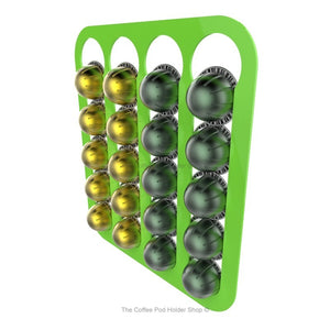 Lime, magnetic Nespresso Vertuo line coffee pod capsule holder with pre-installed neodymium magnets. Holds 20 pods in 4 rows.