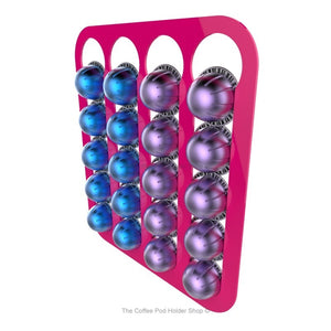 Pink, magnetic Nespresso Vertuo line coffee pod capsule holder with pre-installed neodymium magnets. Holds 20 pods in 4 rows.