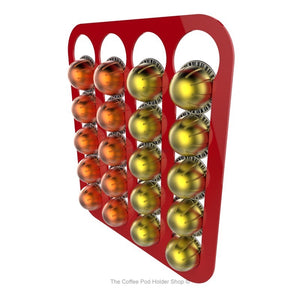 Red, magnetic Nespresso Vertuo line coffee pod capsule holder with pre-installed neodymium magnets. Holds 20 pods in 4 rows.