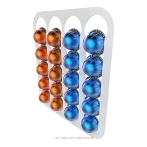 White, magnetic Nespresso Vertuo line coffee pod capsule holder with pre-installed neodymium magnets. Holds 20 pods in 4 rows.