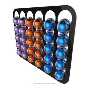 Black, magnetic Nespresso Vertuo line coffee pod capsule holder with pre-installed neodymium magnets. Holds 30 pods in 6 rows.