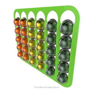 Lime, magnetic Nespresso Vertuo line coffee pod capsule holder with pre-installed neodymium magnets. Holds 30 pods in 6 rows.