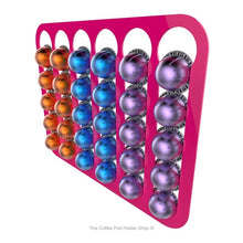Pink, magnetic Nespresso Vertuo line coffee pod capsule holder with pre-installed neodymium magnets. Holds 30 pods in 6 rows.