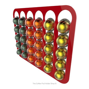 Red, magnetic Nespresso Vertuo line coffee pod capsule holder with pre-installed neodymium magnets. Holds 30 pods in 6 rows.