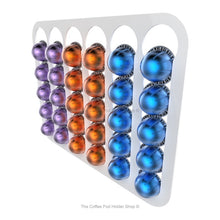 White, magnetic Nespresso Vertuo line coffee pod capsule holder with pre-installed neodymium magnets. Holds 30 pods in 6 rows.
