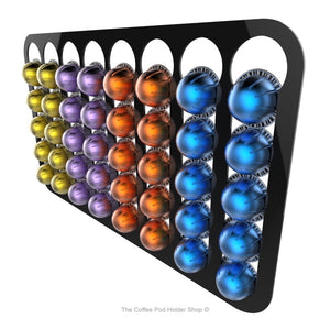 Black, magnetic Nespresso Vertuo line coffee pod capsule holder with pre-installed neodymium magnets. Holds 40 pods in 8 rows.