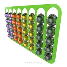 Lime, magnetic Nespresso Vertuo line coffee pod capsule holder with pre-installed neodymium magnets. Holds 40 pods in 8 rows.
