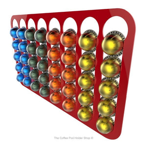 Red, magnetic Nespresso Vertuo line coffee pod capsule holder with pre-installed neodymium magnets. Holds 40 pods in 8 rows.