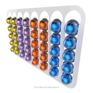 White, magnetic Nespresso Vertuo line coffee pod capsule holder with pre-installed neodymium magnets. Holds 40 pods in 8 rows.
