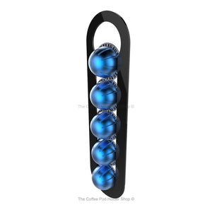 Black, magnetic Nespresso Vertuo line coffee pod capsule holder with pre-installed neodymium magnets. Holds 5 pods in 1 row.