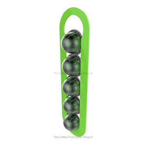 Lime, magnetic Nespresso Vertuo line coffee pod capsule holder with pre-installed neodymium magnets. Holds 5 pods in 1 row.