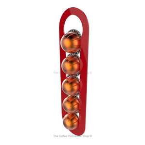 Red, magnetic Nespresso Vertuo line coffee pod capsule holder with pre-installed neodymium magnets. Holds 5 pods in 1 row.