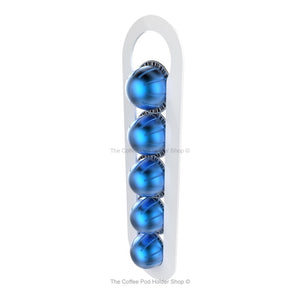 White, magnetic Nespresso Vertuo line coffee pod capsule holder with pre-installed neodymium magnets. Holds 5 pods in 1 row.